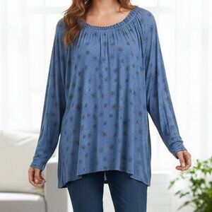 Jaclyn Smith 2X Polka Dot Blouse Blue Black Lightweight Stretch Long‎ Sleeve Top